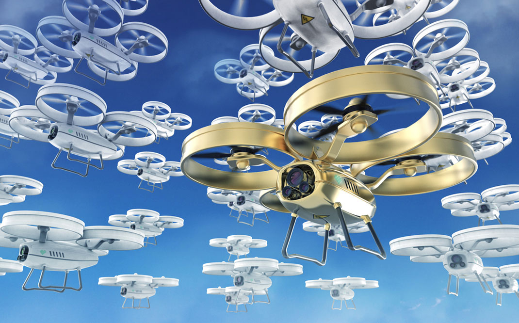 Un essaim de drones dans le ciel via Shutterstock