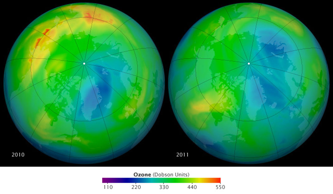 La différence de taux d'ozone dans l'atmosphère entre mars 2010 et mars 2011
