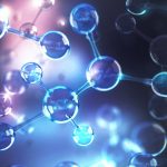 Représentation 3D de molécules bleutées connectées entre elles dans un environnement lumineux, symbolisant une découverte scientifique ou un phénomène chimique.