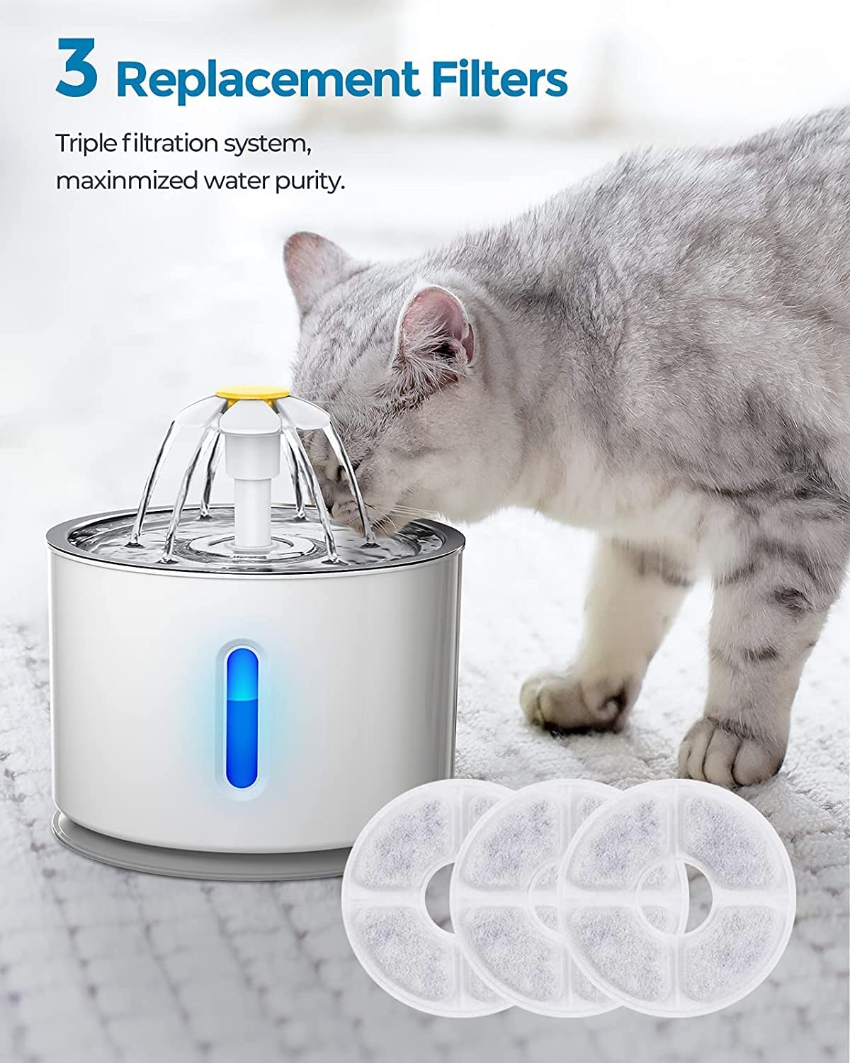 3 Filtres Fontaine à Eau Pour Chat PETGUGU PF1/PF1L - Système 8 Couches, Purification Et Réduction Odeurs