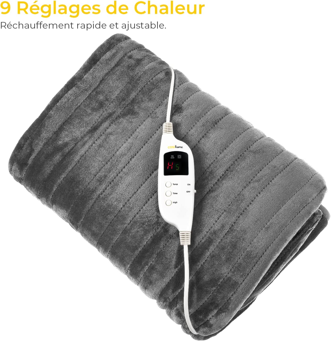 Couverture Chauffante électrique 130x180 Cm - Flanelle Double Face - 8 Niveaux De Température - Minuterie 12h - Protection Surchauffe - Lavable - Gris - 8