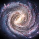 Illustration artistique réaliste de la Voie lactée vue de l’extérieur, inspirée des données astronomiques de la NASA.