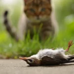 Oiseau mort au sol avec un chat flou en arrière-plan
