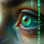 Œil humain avec le logo ChatGPT lumineux, entouré de code vert façon Matrix.