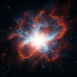 Illustration artistique d’une explosion lumineuse symbolisant le Big Bang dans l’espace, avec des filaments de matière rouge et bleue s’étendant dans l’obscurité