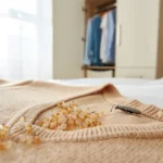 Minuscules œufs d’insecte posés sur un tissu en laine, suggérant une infestation textile.