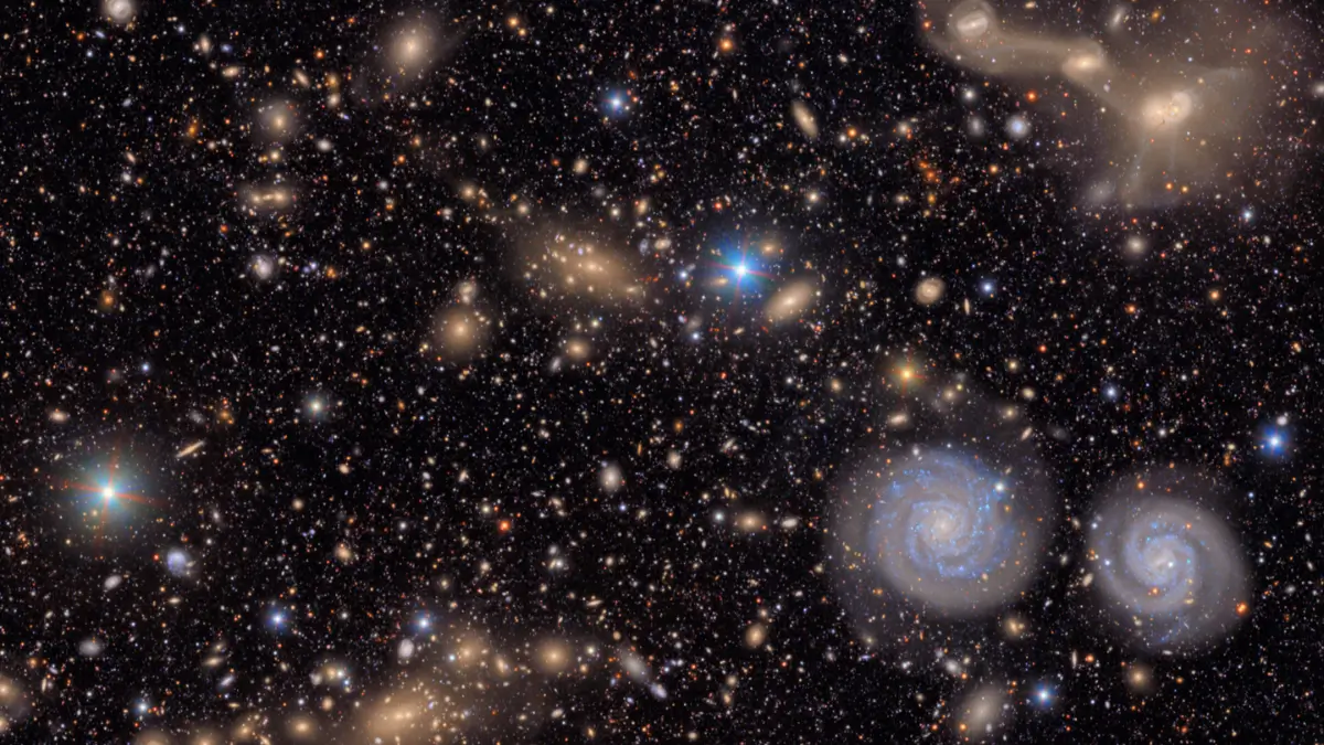 Vue détaillée de l’amas de la Vierge montrant des galaxies spirales, capturée par l’Observatoire Vera C. Rubin avec la caméra LSST.