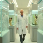 Scientifique en blouse blanche marchant entre des cuves contenant des animaux hybrides génétiquement modifiés