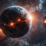 Deux planètes ou objets célestes sombres et fissurés, émettant des lueurs orange dans l’espace, symbolisant l’instabilité cosmique et les théories alternatives aux trous noirs.