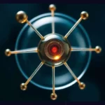 Illustration d’un atome de strontium comme un point lumineux bleu flottant entre deux électrodes dans un environnement de laboratoire.