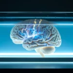 Cerveau artificiel plongé dans un liquide bleu avec des éclairs simulant l'activité neuronale
