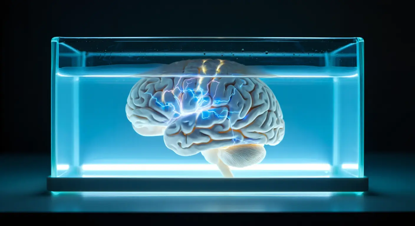 Cerveau artificiel plongé dans un liquide bleu avec des éclairs simulant l'activité neuronale