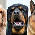 Montage en trois volets inclinés montrant un Cocker Spaniel, un Rottweiler et un Berger allemand, trois races souvent impliquées dans des morsures en France.