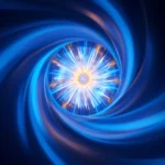 Cœur en fusion nucléaire bleu à l’intérieur d’un réacteur tokamak, émettant une lumière intense et propre.
