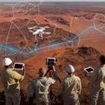Des géologues équipés de tablettes et de casques de chantier contrôlent un drone au-dessus d’un paysage désertique en Australie. Des visualisations numériques flottent dans l’air, illustrant l’analyse de données géologiques en temps réel sur un site de prospection.