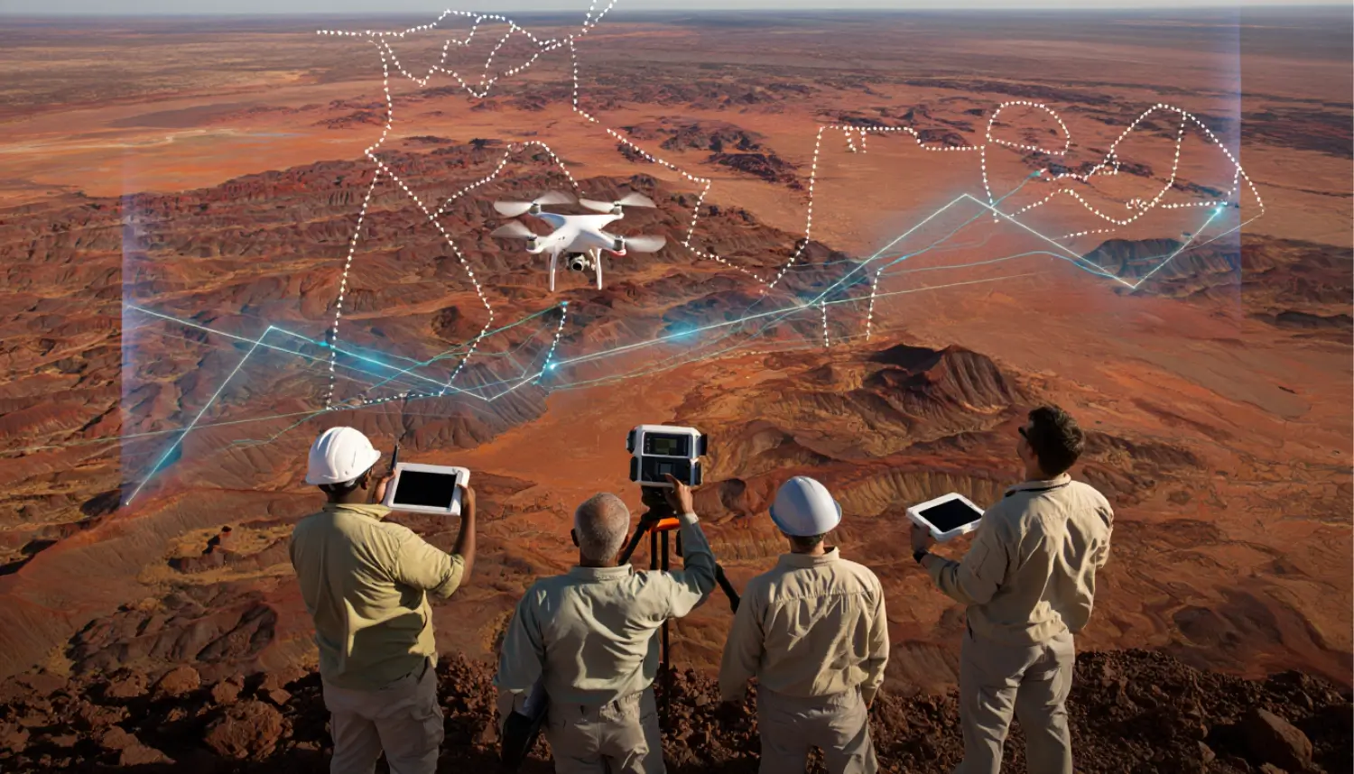 Des géologues équipés de tablettes et de casques de chantier contrôlent un drone au-dessus d’un paysage désertique en Australie. Des visualisations numériques flottent dans l’air, illustrant l’analyse de données géologiques en temps réel sur un site de prospection.