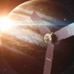 Illustration d’un télescope spatial pointé vers une planète géante gazeuse avec le Soleil en arrière-plan