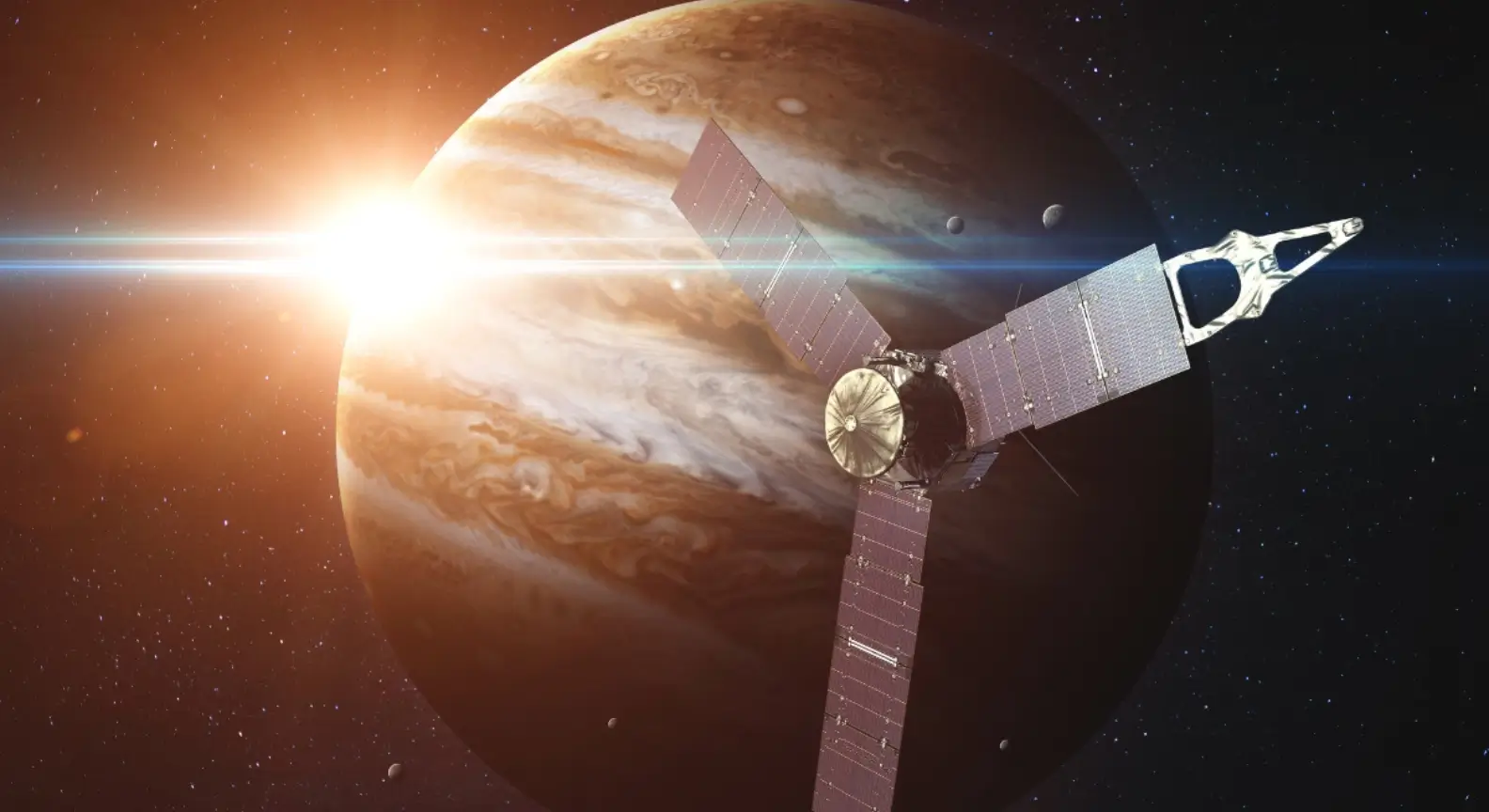 Illustration d’un télescope spatial pointé vers une planète géante gazeuse avec le Soleil en arrière-plan