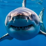 Un grand requin blanc émergeant des eaux sombres de l’océan Atlantique, gueule entrouverte, silhouette massive et menaçante