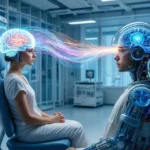 Une femme connectée à une IA humanoïde par un flux de données cérébrales lumineux, dans un laboratoire futuriste rempli d’écrans et d’éléments technologiques