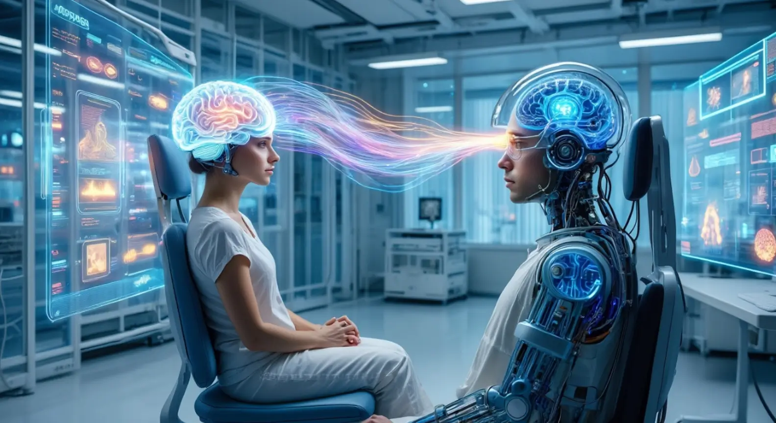 Une femme connectée à une IA humanoïde par un flux de données cérébrales lumineux, dans un laboratoire futuriste rempli d’écrans et d’éléments technologiques