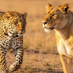 Un léopard mâle au pelage tacheté marche aux côtés d'une lionne dans la savane dorée, les deux animaux à l’origine du léopon