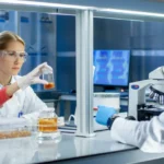 Chercheurs en laboratoire manipulant un échantillon génétique et observant au microscope