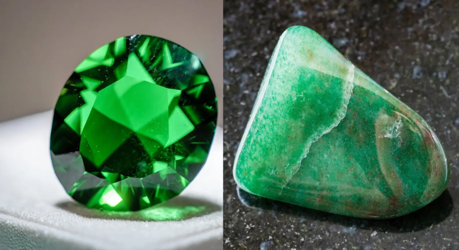 Comparaison entre une moldavite taillée, d’un vert profond et scintillant, et une moldavite brute, plus opaque et striée, toutes deux issues d’un impact météoritique en Europe centrale.