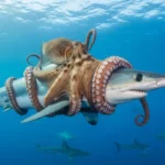Pieuvre accrochée au dos d’un requin mako nageant en pleine mer, scène rare observée en Nouvelle-Zélande.