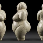 Figurine féminine néolithique en pierre polie vue de face, de profil et de dos, représentant une femme aux formes généreuses, découverte à Çatalhöyük, Turquie.