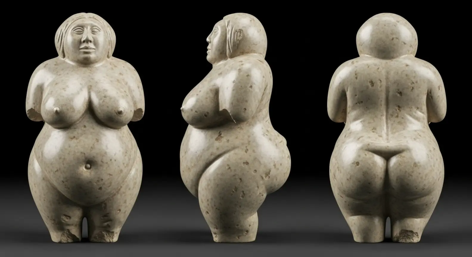 Figurine féminine néolithique en pierre polie vue de face, de profil et de dos, représentant une femme aux formes généreuses, découverte à Çatalhöyük, Turquie.