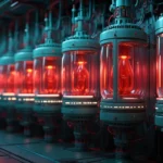Capsules futuristes de sang artificiel rouge brillant, alignées dans un laboratoire robotique, utilisées pour alimenter des machines autonomes.