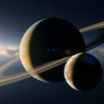 Vue artistique de Saturne et de sa lune Titan, avec l’ombre de Titan projetée sur la planète. Anneaux visibles, lumière stellaire en arrière-plan.