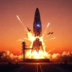 Explosion d’un prototype de fusée au moment du lancement, sur fond de ciel rouge au coucher du soleil, avec flammes et débris visibles