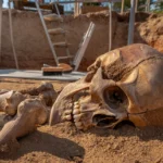 Squelette d’un enfant partiellement déterré dans un site maya au Guatemala, avec crâne au premier plan, outils de fouille en arrière-plan et lumière naturelle sur le sol poussiéreux.