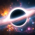 Image réaliste d’un trou noir géant dans l’espace avec disque lumineux et nébuleuses colorées en arrière-plan