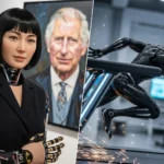 Montage de deux robots : à gauche, Ai-Da pose devant une peinture du roi Charles III ; à droite, le robot Black Panther court à grande vitesse sur un tapis roulant dans un laboratoire