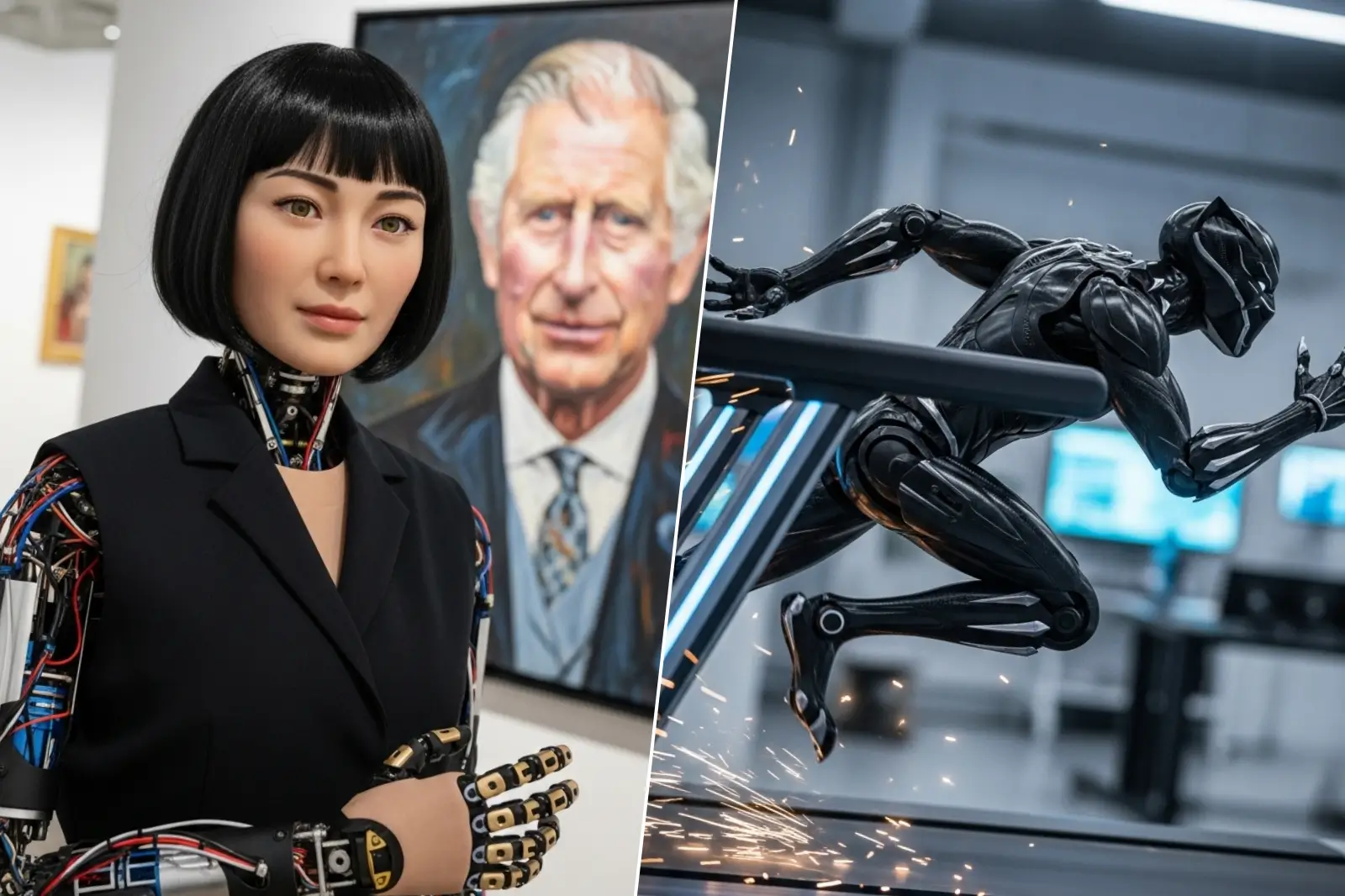 Montage de deux robots : à gauche, Ai-Da pose devant une peinture du roi Charles III ; à droite, le robot Black Panther court à grande vitesse sur un tapis roulant dans un laboratoire