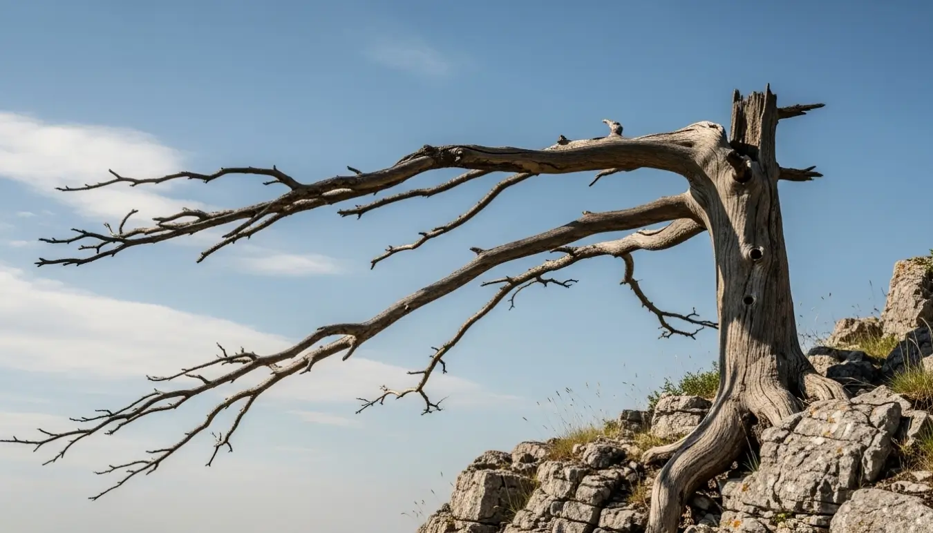 Vieil arbre sec et sans feuilles accroché à flanc de falaise, symbole des effets du climat extrême