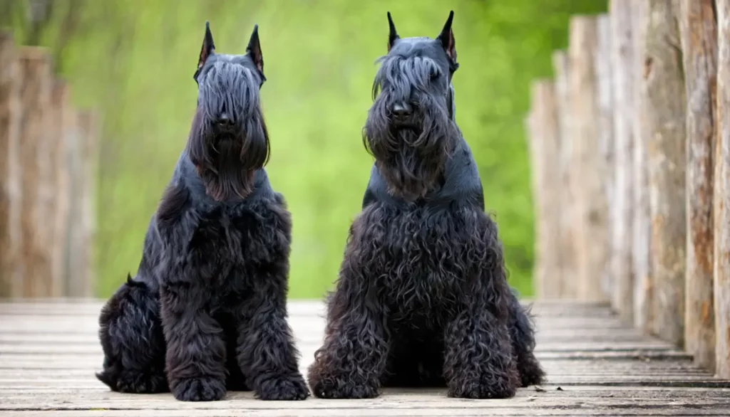 Deux Bouviers des Flandres noirs, assis côte à côte sur un pont en bois, au pelage dense et à la frange couvrant les yeux