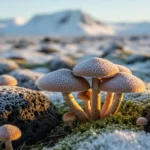 Champignons recouverts de givre poussant sur la glace en Antarctique, éclairés par la lumière dorée du soleil