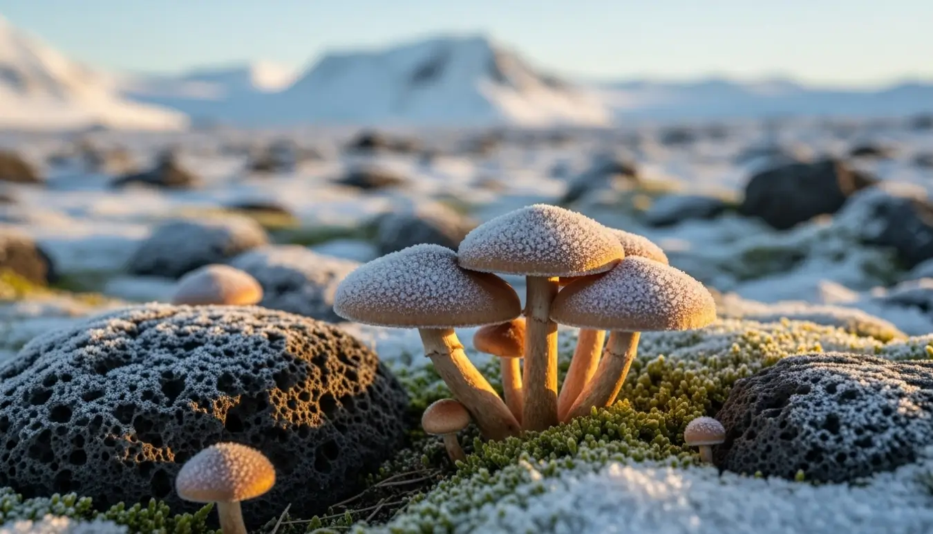 Champignons recouverts de givre poussant sur la glace en Antarctique, éclairés par la lumière dorée du soleil
