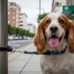 Un chien de race spaniel attaché à un poteau sur un trottoir devant un hôpital en ville.
