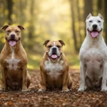Trois chiens assis dans une clairière en forêt : un American Pit Bull Terrier beige, un bouledogue anglais fauve et blanc, et un dogue argentin blanc, tous calmes et regardant l’objectif.