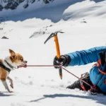 Un alpiniste en difficulté dans la neige tend un piolet tandis qu’un chihuahua tirant sur une corde semble l’aider à remonter