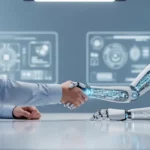 Un humain serre la main d’un robot dans un laboratoire technologique