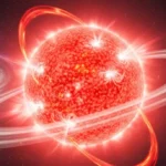 Étoile rouge géante entourée d’anneaux brillants et d’éruptions solaires dans l’espace, vue artistique inspirée des images James Webb