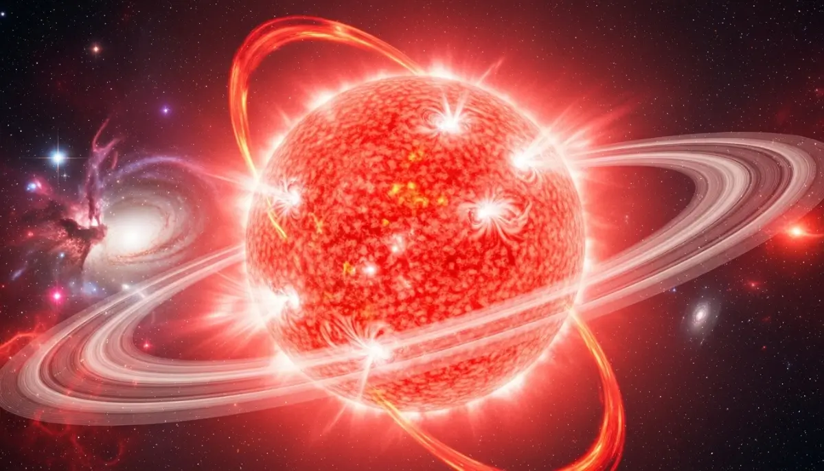 Étoile rouge géante entourée d’anneaux brillants et d’éruptions solaires dans l’espace, vue artistique inspirée des images James Webb