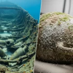 Montage d’une épave remplie d’amphores sous l’eau et d’une amphore en gros plan sur une table de conservation