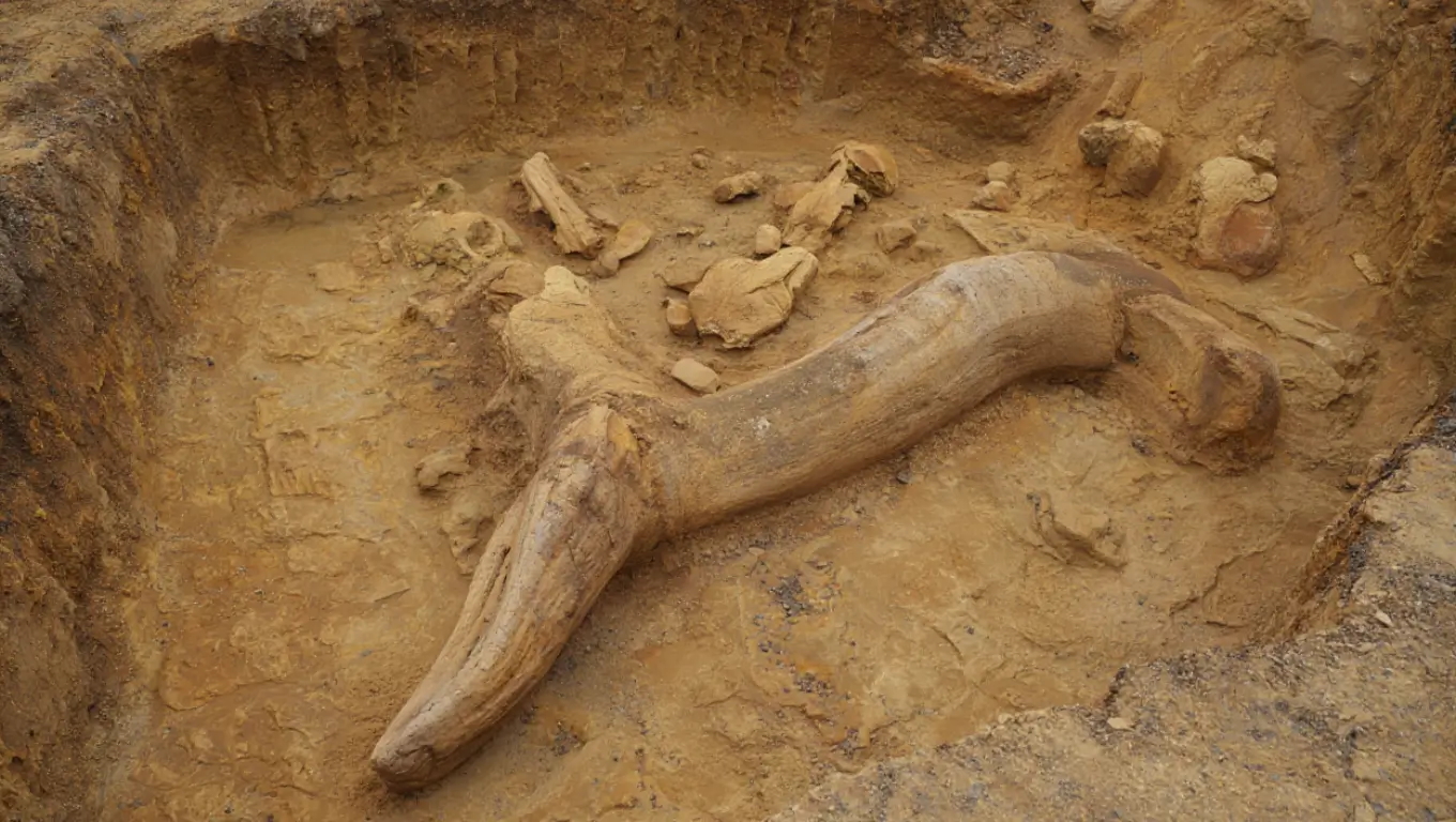 Fossile de dinosaure partiellement dégagé du sol lors de fouilles archéologiques